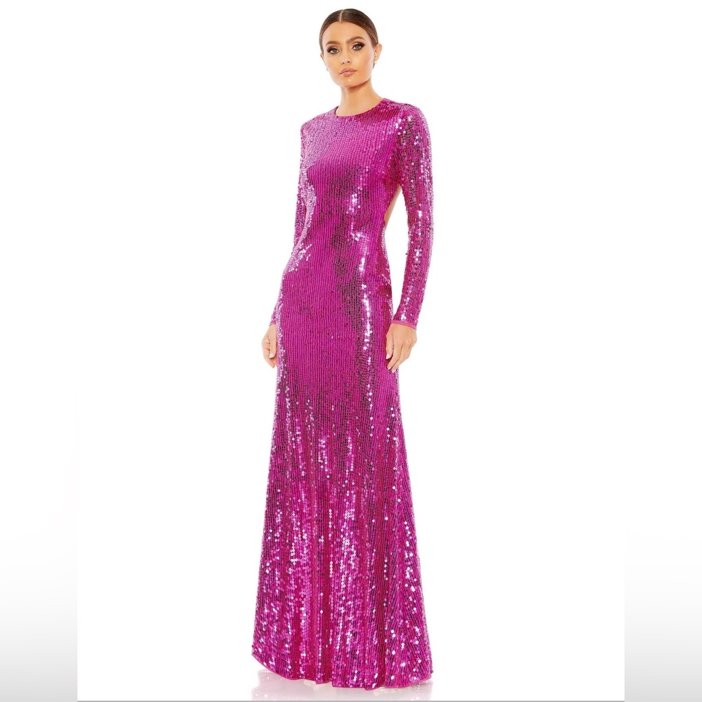 Nwt $398 Mac Duggal Fully Sequined Long Sleeves Open Back Dress Gown Maxi 10891